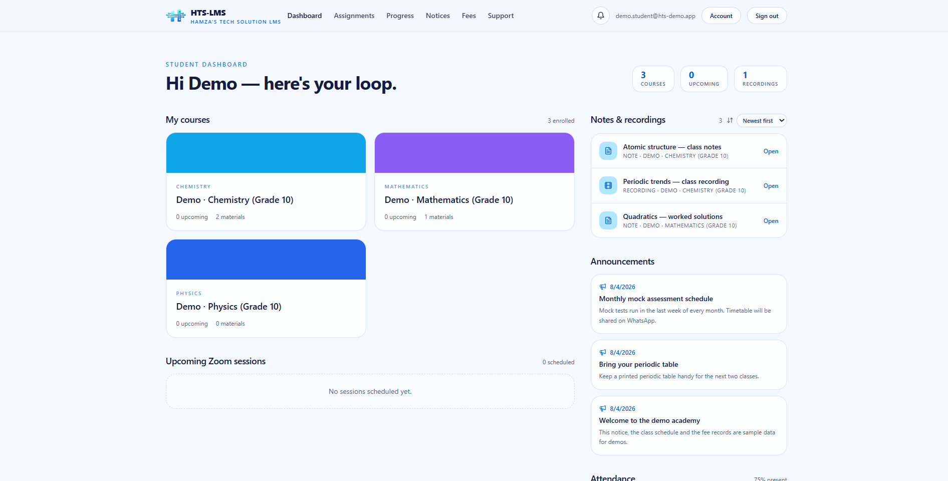 HTS-LMS student dashboard with courses, notes and recordings